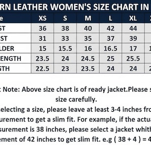May include: A Western leather size chart in inches for jackets, featuring a table with columns for sizes XS through XXXL and rows for bust, waist, shoulder, sleeve length, and length. Text includes instructions on selecting a size for a slim fit.