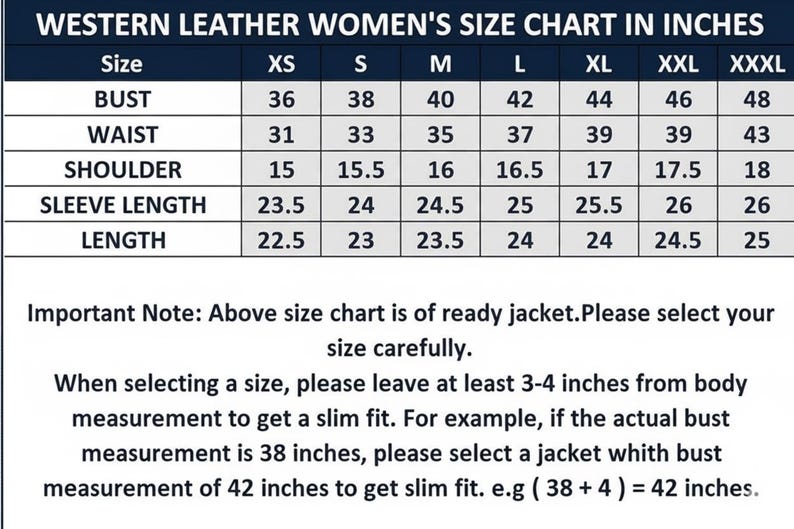 May include: A Western leather size chart in inches for jackets, featuring a table with columns for sizes XS through XXXL and rows for bust, waist, shoulder, sleeve length, and length. Text includes instructions on selecting a size for a slim fit.
