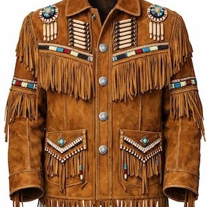 Chaqueta vaquera para hombre de ante marrón claro con flecos y abalorios - Chaqueta artesanal de estilo vintage. imagen 2