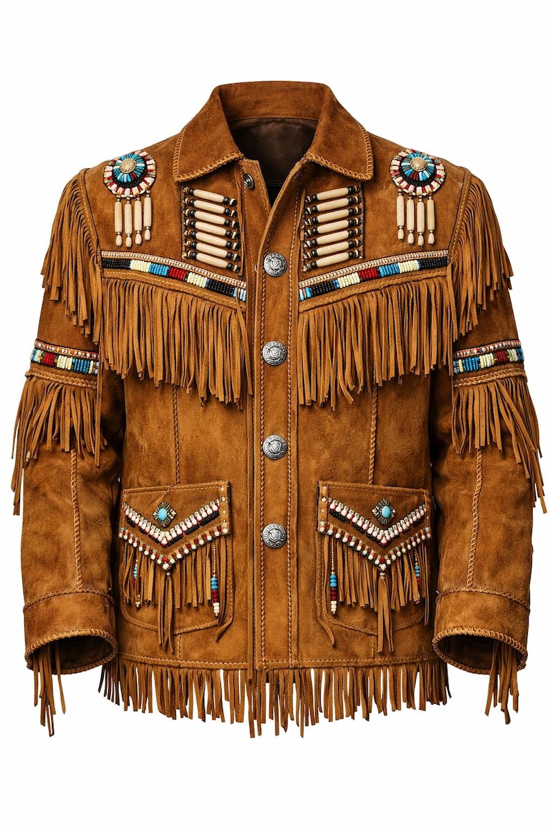 Chaqueta vaquera para hombre de ante marrón claro con flecos y abalorios - Chaqueta artesanal de estilo vintage. imagen 2
