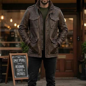 Handmade Brown Distressed Leather Field Jacket: M65 Vintage Style