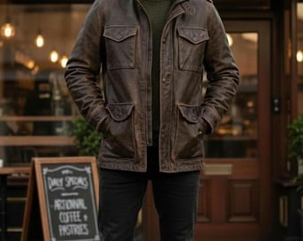 Handmade Brown Distressed Leather Field Jacket: M65 Vintage Style