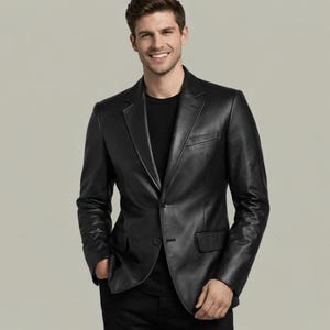 Men's Lambskin Leather Blazer - Two-Button Black Jacket