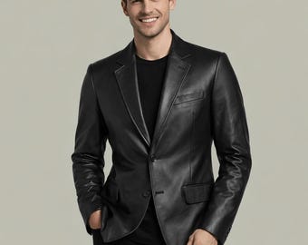 Men's Lambskin Leather Blazer - Two-Button Black Jacket