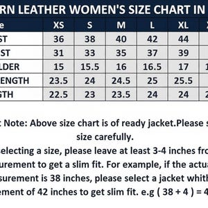Puede incluir: Tabla de tallas para chaquetas de cuero estilo western, con medidas en pulgadas. Incluye busto, cintura, hombro, largo de manga y largo, de XS a XXXL. Nota importante sobre la selecci&oacute;n de la talla correcta.