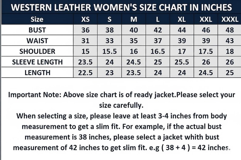 Puede incluir: Tabla de tallas para chaquetas de cuero estilo western, con medidas en pulgadas. Incluye busto, cintura, hombro, largo de manga y largo, de XS a XXXL. Nota importante sobre la selecci&oacute;n de la talla correcta.