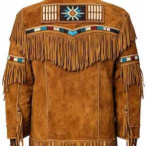 Chaqueta vaquera para hombre de ante marrón claro con flecos y abalorios - Chaqueta artesanal de estilo vintage. imagen 3