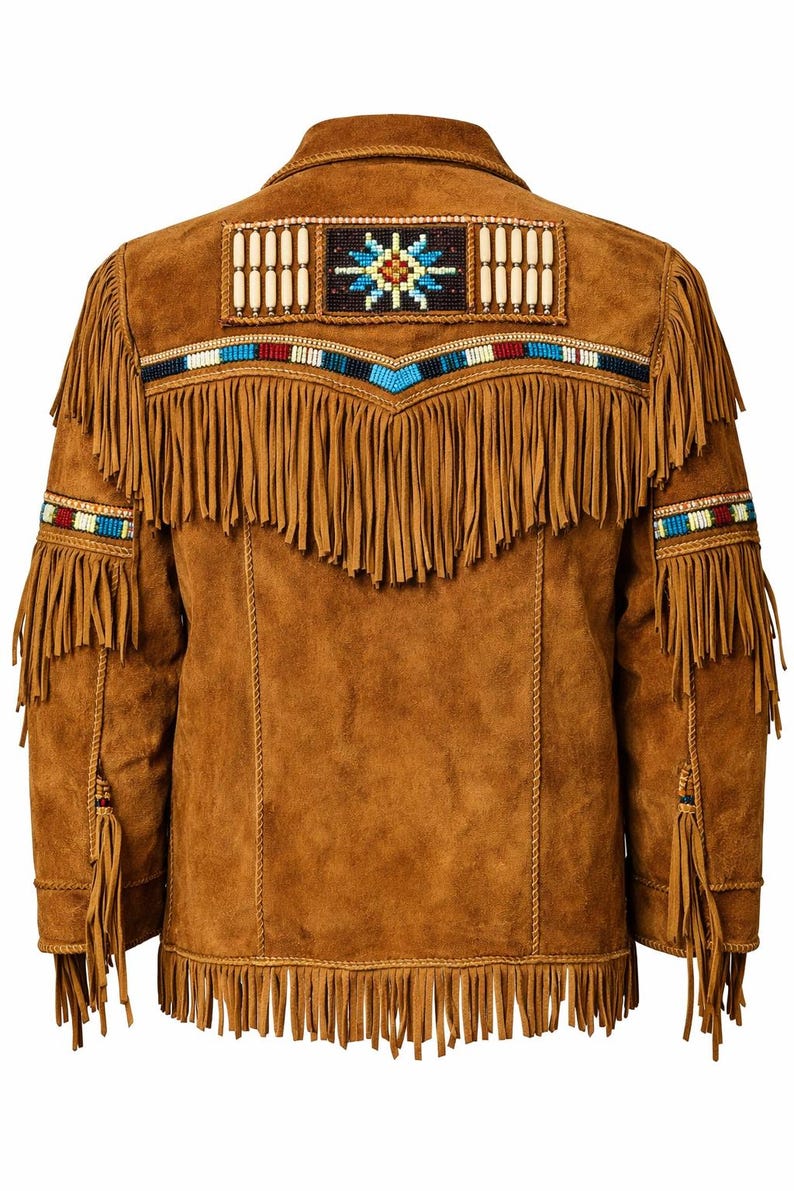 Chaqueta vaquera para hombre de ante marrón claro con flecos y abalorios - Chaqueta artesanal de estilo vintage. imagen 3