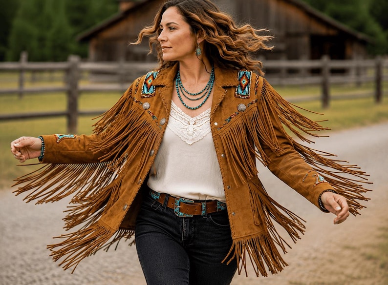 May include: A tan suede jacket featuring long fringe detailing along the sleeves and chest, accented with turquoise-colored beaded patches on the shoulders and cuffs, paired with a white lace-trimmed top, dark jeans, and a brown leather belt.