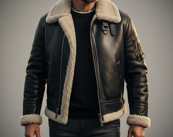 Men’s B3 Shearling Leather Jacket, Vintage Aviator Bomber Coat, Real Sheepskin Winter Jacket