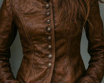 Op de afbeelding: Een bruine leren jas met een hoge kraag en meerdere decoratieve knopen. De jas heeft een getailleerde pasvorm, zichtbare stiksels en een textuuroppervlak. De mouwen hebben manchetten met knopen. Het model draagt een blauwe jeans.
