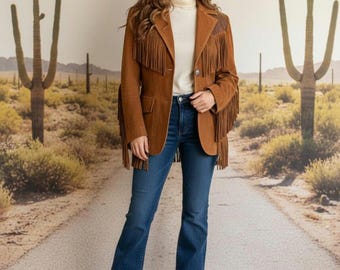 1970s Vintage Brown Western Bhoemian Fringe Suede Leather Jacket: Western style,Gift for her