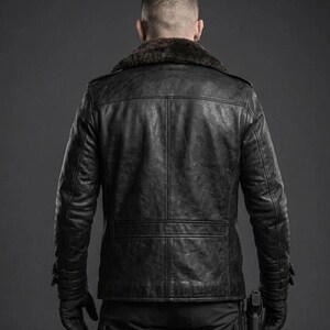 May include: A black leather jacket featuring a dark brown faux fur collar, long sleeves with adjustable buckled cuffs, and a paneled back design. The jacket is worn over black trousers with a holster attached to the thigh, and black gloves.