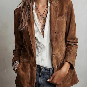 Vintage Brown Suede Blazer - Boho Western Leather Jacket for Women - Chic Tan Autumn Coat