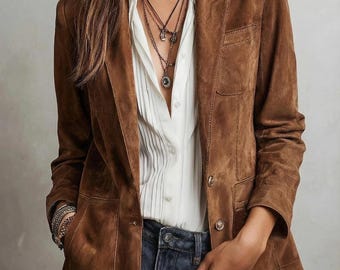 Vintage Brown Suede Blazer - Boho Western Leather Jacket for Women - Chic Tan Autumn Coat