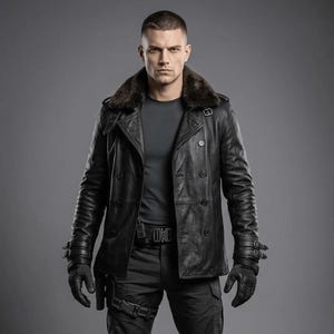 May include: A black leather double-breasted jacket featuring a dark brown faux fur collar, epaulets, and adjustable buckled straps at the cuffs. The jacket is worn over a dark gray t-shirt and black tactical trousers with a utility belt and leg holster.