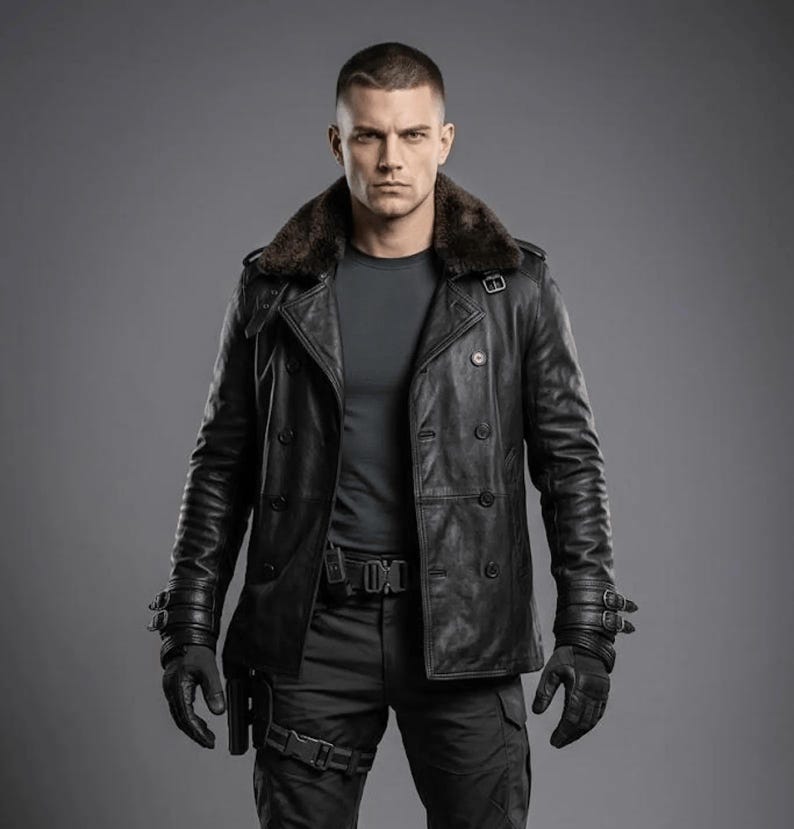 May include: A black leather double-breasted jacket featuring a dark brown faux fur collar, epaulets, and adjustable buckled straps at the cuffs. The jacket is worn over a dark gray t-shirt and black tactical trousers with a utility belt and leg holster.