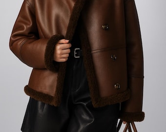 Handmade Vintage Shearling Real Leather Coat | Women's Sheepskin Fur Trim Trench Coat