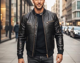 Luxury Crocodile-Embossed Genuine Leather Bomber Jacket – Handmade Statement Streetwear Coat | Gift For Him