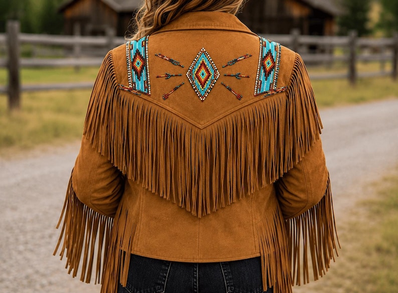 May include: A tan suede jacket featuring long fringe detailing across the back and sleeves. The upper back panel is decorated with intricate beadwork in geometric diamond and arrow patterns using vibrant blue, red, orange, and white glass beads.