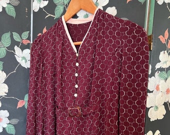 1930s cotton dress  . vintage 30s burgundy & pink with white circle print tortoise shell buckle