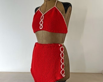 1940s bikini playsuit suit  . 30s 40s vintage red and pink knit bathing suit swimwear