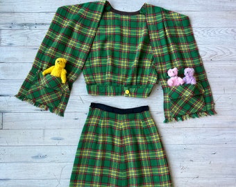 1940s ladies skirt suit. vintage 30s 40s green yellow plaid wool jacket & skirt