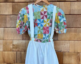 1960s feed sack dress set  . vintage 60s quilt print cotton frock and apron