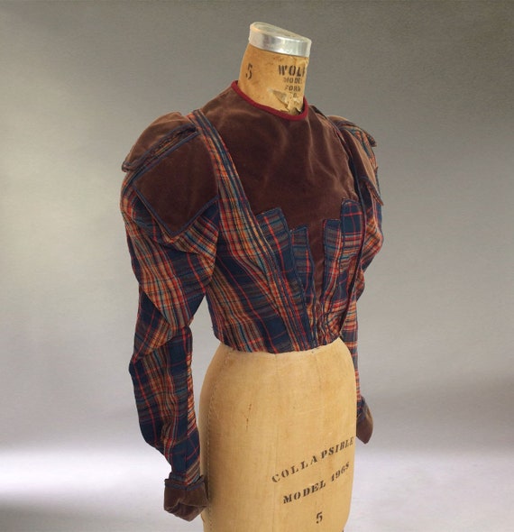 Antique Victorian Jacket . Vintage Plaid and Velve