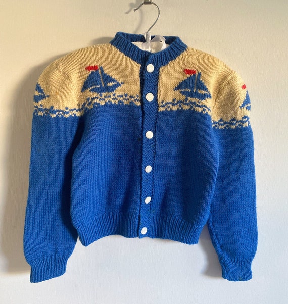 1940s sailboat sweater . 40s vintage wool cardigan