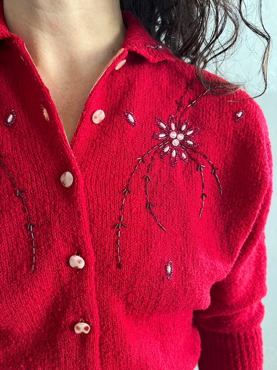 Beaded cardigan . vintage 40s nubby knitwear ruby… - image 6