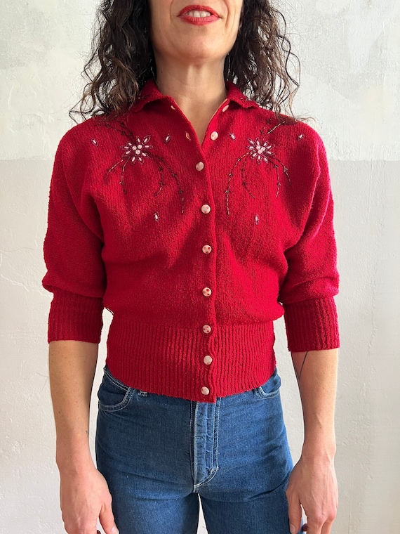 Beaded cardigan . vintage 40s nubby knitwear ruby… - image 1