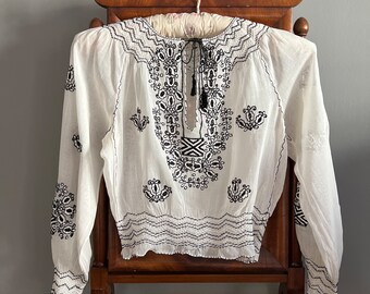 1940s vintage Hungarian blouse . 40s vintage sheer white cotton folk blouse black and white