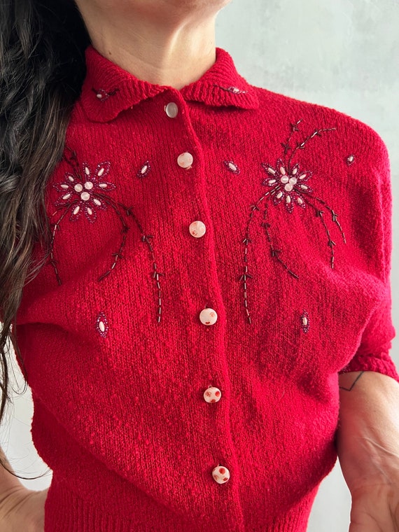 Beaded cardigan . vintage 40s nubby knitwear ruby… - image 4