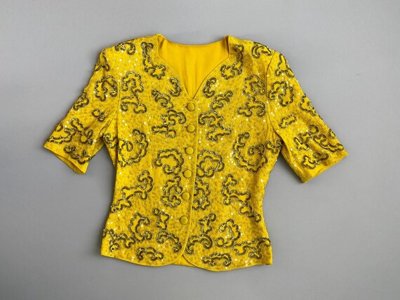 1940s chartreuse sequin jacket. vintage 40s crepe