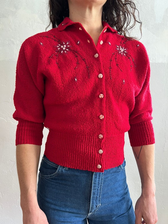 Beaded cardigan . vintage 40s nubby knitwear ruby… - image 2
