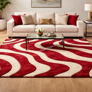 Modern Abstract Red Cream Area Rug, Hand Tufted Wool Carpet, Luxury Living Room Rug, Wavy Pattern Contemporary Statement Rug Decor