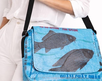 Upcycled Messenger Bag: Handmade Recycled Fish Feed Bag Crossbody Tote