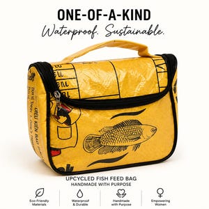 Neceser colgante de bolsa de alimento para peces reciclada / Organizador de viaje impermeable / Neceser sostenible hecho a mano / MEOWI Único en su clase
