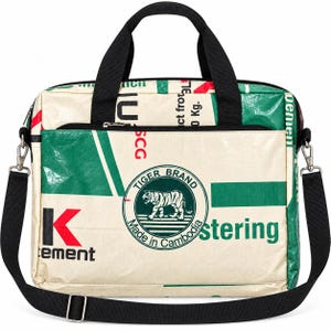 May include: A rectangular laptop bag crafted from recycled woven material in cream, green, and red. It features black handles, a detachable shoulder strap, and a central circular logo with a tiger graphic and the text Tiger Brand Made in Cambodia.