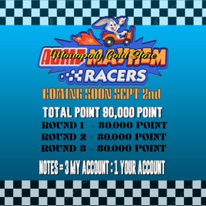 May include: A promotional graphic for Monopoly Gold Store Racers featuring Bugs Bunny in a race car. The text reads: Coming Soon Sept 2nd, Total Point 90,000 Point, Round 1, 2, and 3 each at 30,000 Point, and Notes = 3 My Account : 1 Your Account.