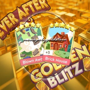 May include: Two rectangular game cards with five yellow stars at the top. The left card shows a scene of debris and is labeled Blown Away. The right card shows a red house and is labeled Brick House with a +3 indicator. The background is gold.