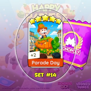 May include: A digital game card titled Parade Day from Set #14, featuring a cartoon character in a carrot-shaped vehicle. The card has five yellow stars at the top, a white box with +2, and a purple Monopoly Gold pack icon to the right.