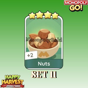Op de afbeelding: Een digitale spelkaart met een kom gemengde noten met de tekst MonopolyGold en Nuts. De kaart toont vier gele sterren bovenaan, een +2 indicator en de tekst SET 11 onderaan. De achtergrond is groen met de Monopoly GO! branding.