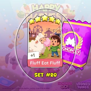 May include: A digital game card titled Fluff Eat Fluff from Set #20, featuring a cartoon illustration of a person feeding pink cotton candy to a white sheep at a fairground. The card has five gold stars at the top and a Monopoly Gold logo nearby.