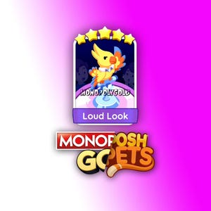 以下が含まれることがあります： 青と白の台座に、黄色い鳥、オレンジと青のディテールが描かれたデジタルカード。カードには「Loud Look」と書かれており、「MONOPOLYGOLD」と「MONOPOSH GOETS」の文字が含まれています。背景はピンクと紫のグラデーションです。