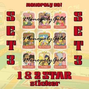 Può includere: Una collezione di adesivi digitali Monopoly Go con nove carte personaggio disposte in una griglia. Ogni carta mostra una scena con personaggi dei Simpson e una valutazione a stelle. Il testo Monopoly Gold è sovrapposto, con SET 3 e 1 & 2 STAR sticker.