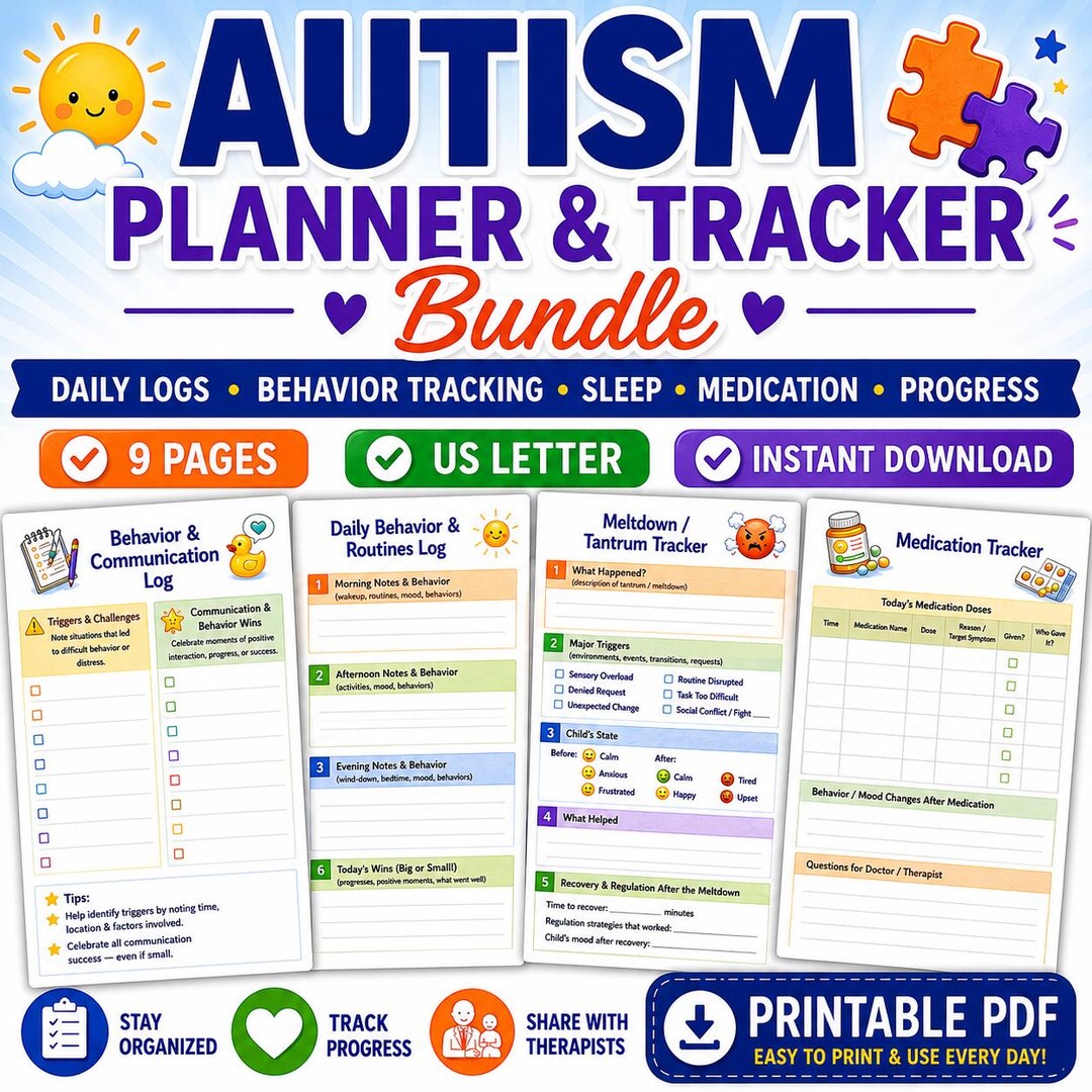 Autism Planner Printable PDF | Daily Routine Tracker, Behavior Log ...