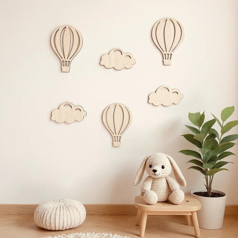 Wooden Hot Air Balloon Wall Decor | Nursery Cloud Wall Art Set | Baby ...