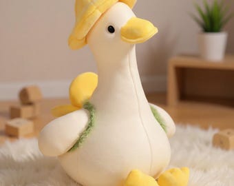 Kawaii knuffel eend met bloem | Schattige knuffelige eend met bloemenmotief en hoed | Zachte knuffel voor kinderkamerdecoratie en kinderkamer